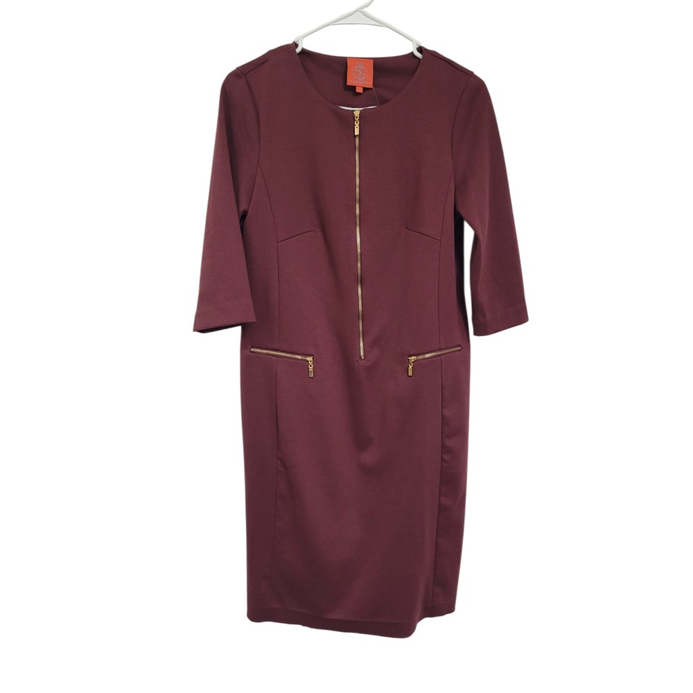 Tracy Negoshian Sabrina Sheath Dress Fig Burgundy Gold Zip Size Small TN642